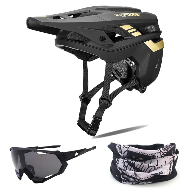 Black helmet with gold accents, sunglasses, and neck gaiter on a white background