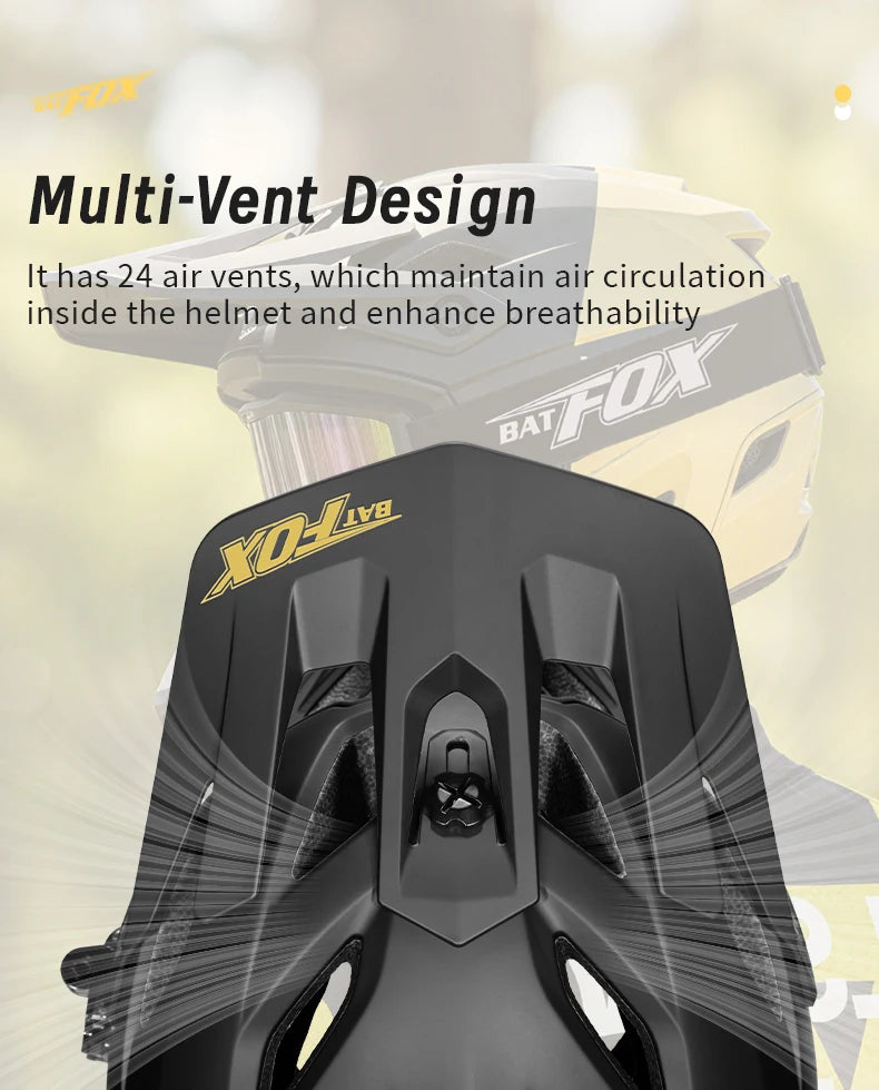 Black helmet with 'XO-Live' branding and 'Bat Fox' text, featuring a multi-vent design.