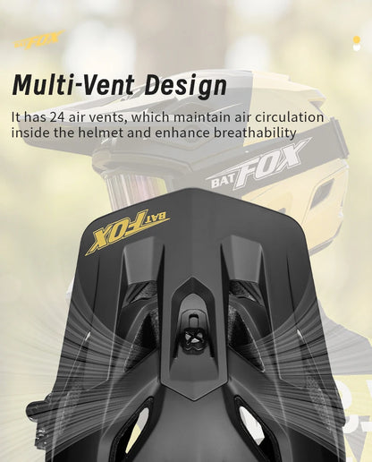 Black helmet with 'XO-Live' branding and 'Bat Fox' text, featuring a multi-vent design.