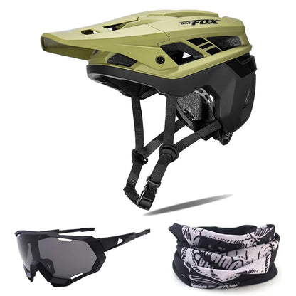 Green helmet, black sunglasses, and patterned neck gaiter on a white background