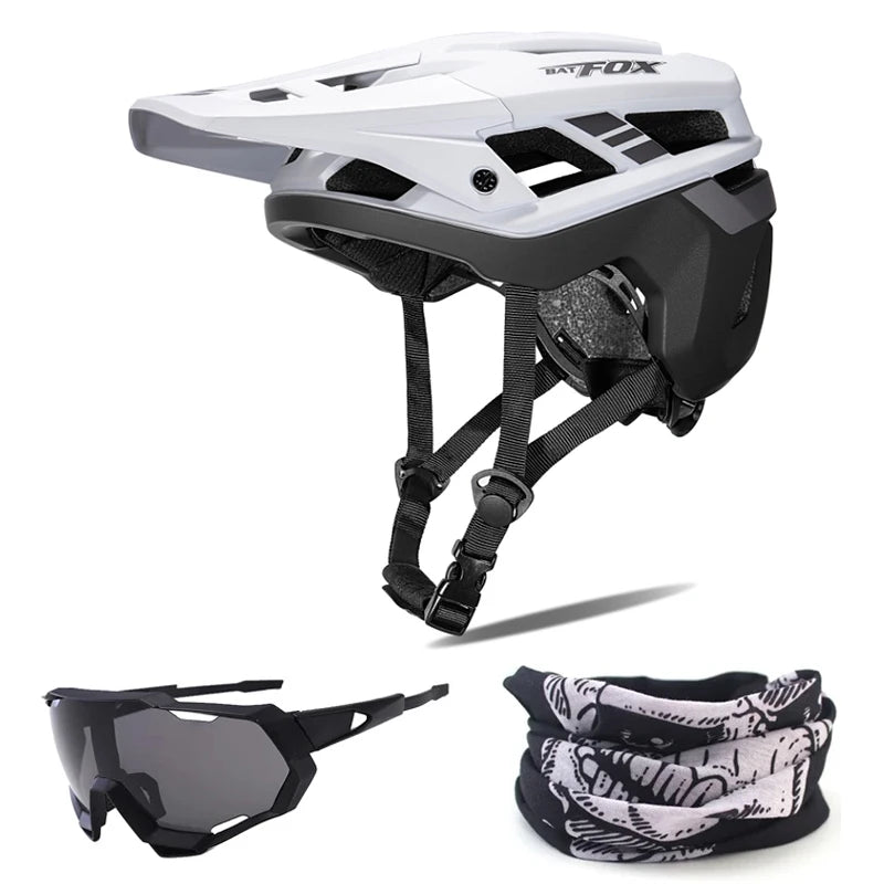 White and black helmet with sunglasses and neck gaiter on a white background