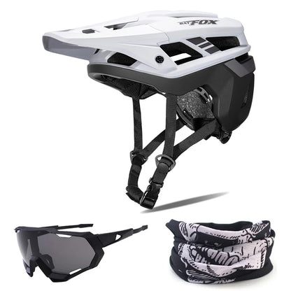 White and black helmet with sunglasses and neck gaiter on a white background