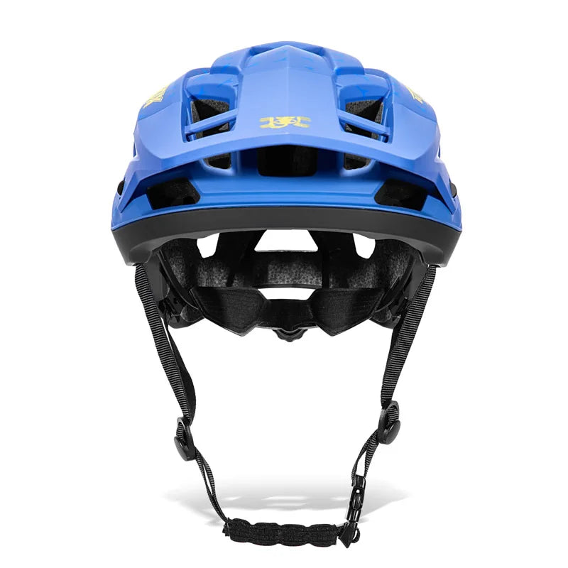 Blue helmet with black straps on a white background