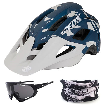 Blue and white helmet with sunglasses and neck gaiter on a white background