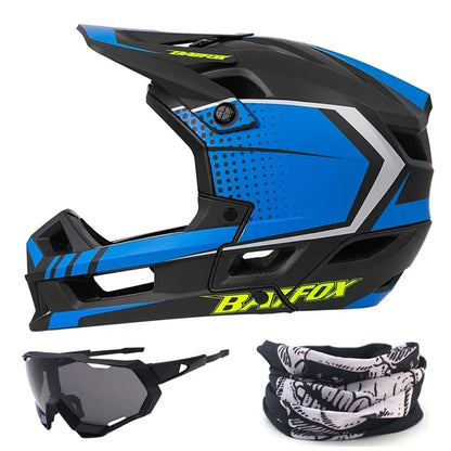 Blue and black helmet with sunglasses and neck gaiter on a white background