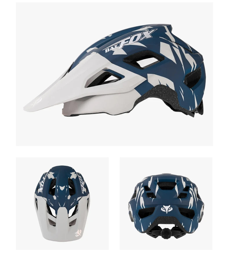 Blue and white helmet with 'Fox' branding on a white background