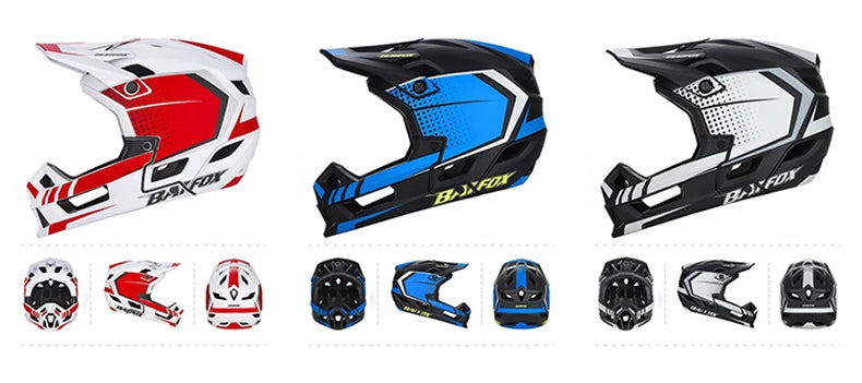 Collection of BatFox Bike helmets in various designs and colors.