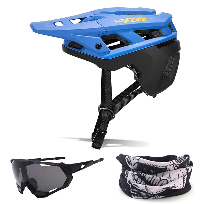 Blue helmet with black straps, sunglasses, and a patterned face mask on a white background