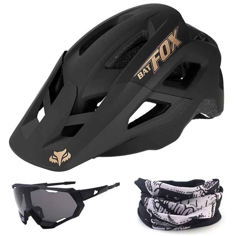 Black helmet with 'Bat-Fox' branding, sunglasses, and neck gaiter on a white background