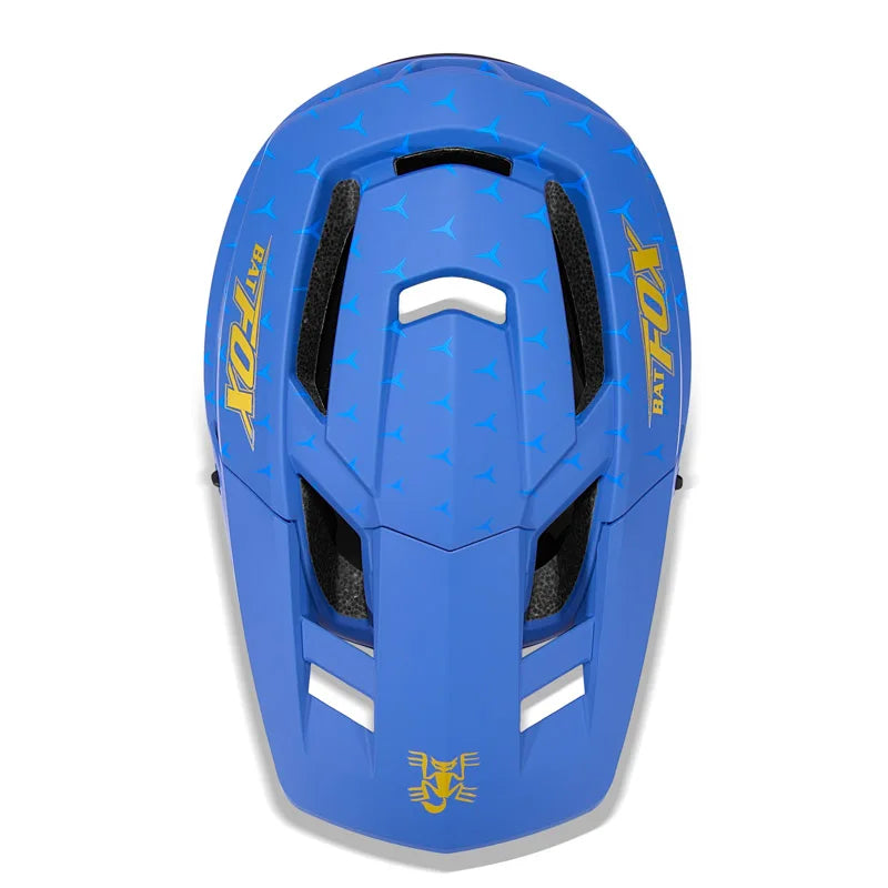 Blue helmet with yellow branding on a white background