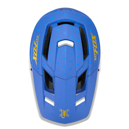 Blue helmet with yellow branding on a white background