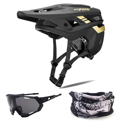 Black helmet with gold accents, sunglasses, and neck gaiter on a white background