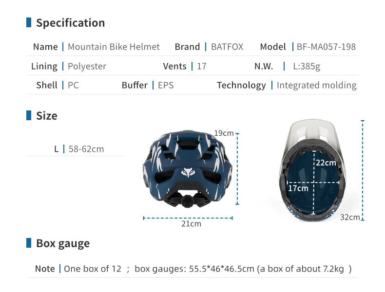 Mountain bike helmet with specifications and measurements on a white background