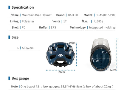 Mountain bike helmet with specifications and measurements on a white background