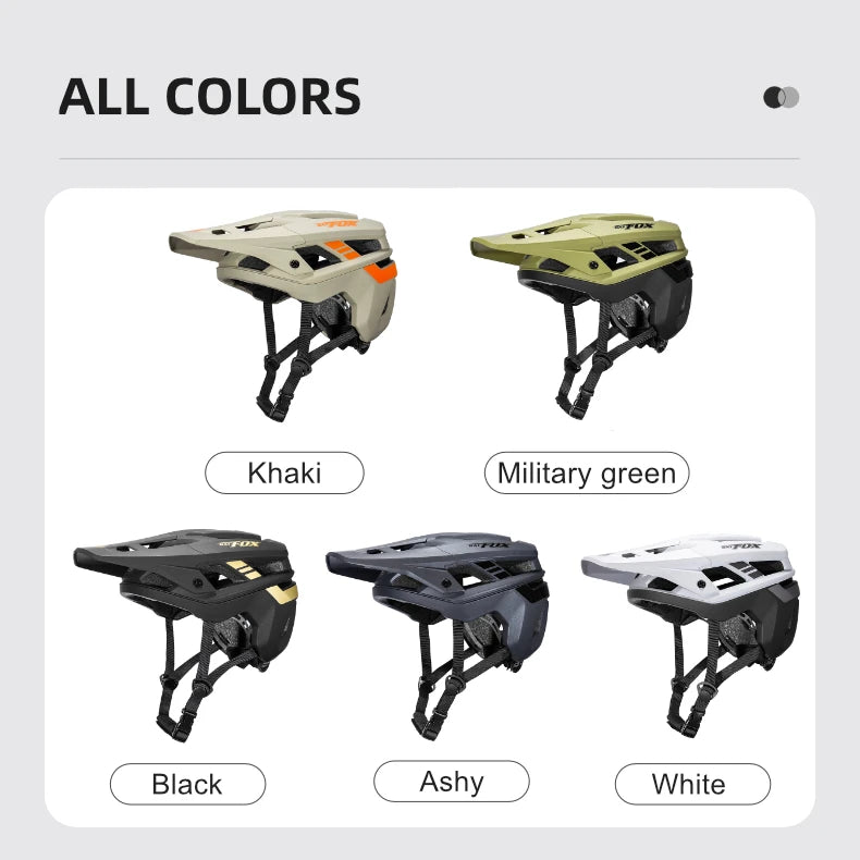 Display of different colored helmets with labels on a gray background