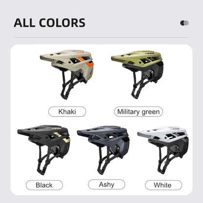 Display of different colored helmets with labels on a gray background