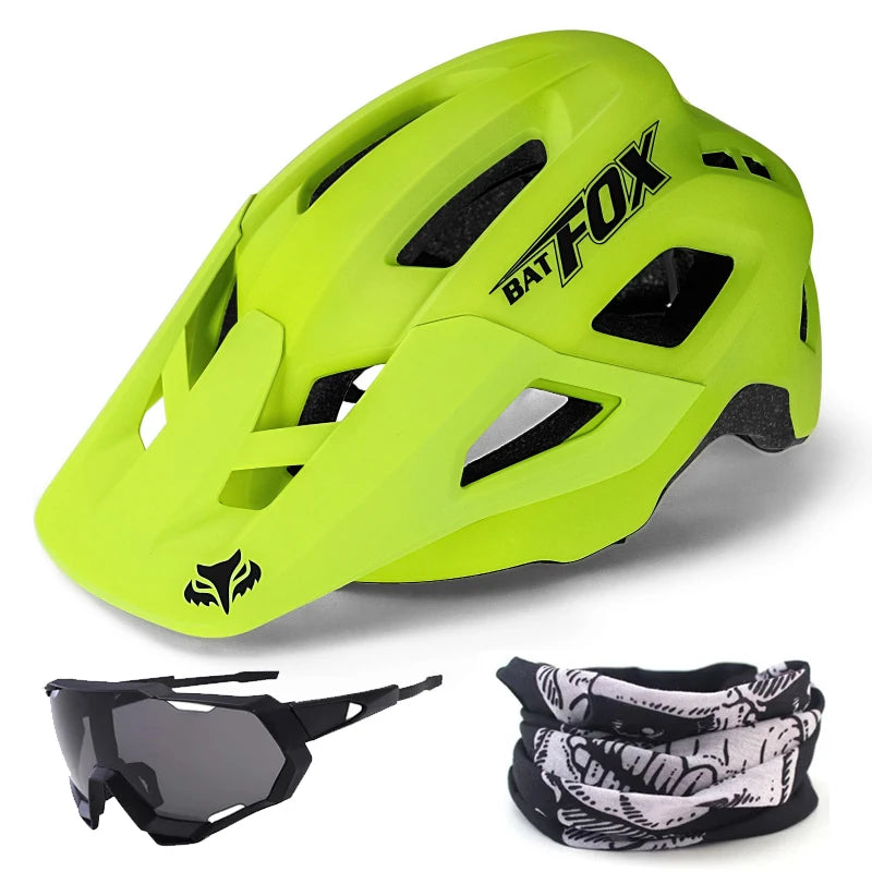 Bright green helmet with 'Bat-Fox' branding, sunglasses, and neck gaiter on a white background
