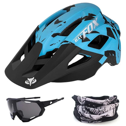 Blue and black helmet with sunglasses and neck gaiter on a white background