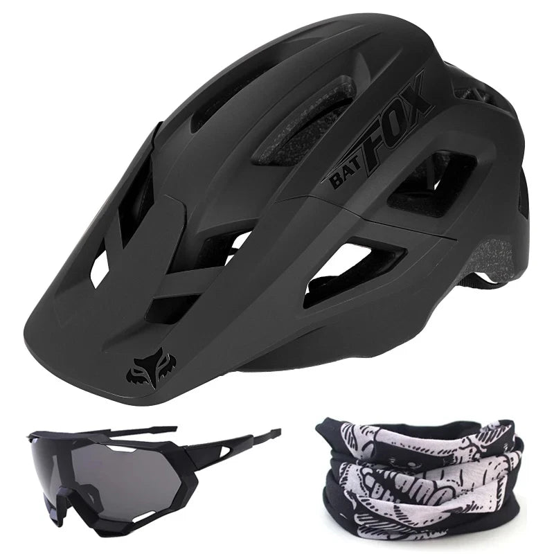 Black helmet, sunglasses, and neck gaiter on a white background