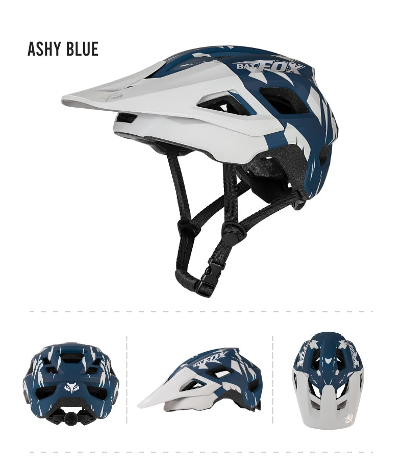 Blue and white helmet with Fox logo on a white background