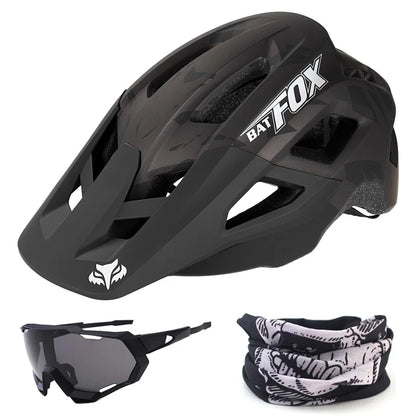 Black helmet with 'Bat-Fox' branding, black sunglasses, and black and white patterned neck gaiter on a white background