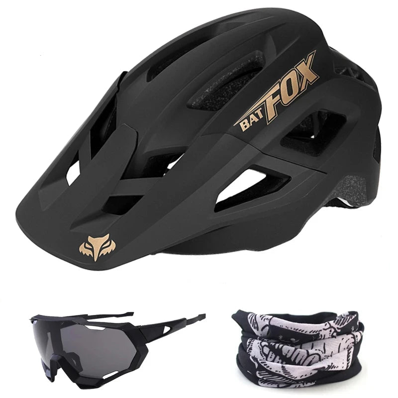 Black helmet with Bat-Fox branding, sunglasses, and neck gaiter on a white background