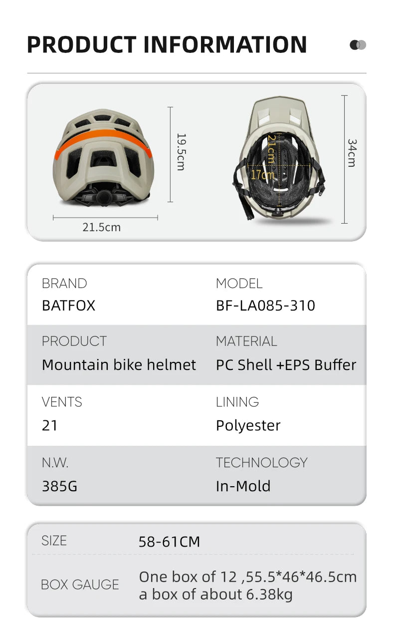 Product information card for a mountain bike helmet with dimensions and specifications.