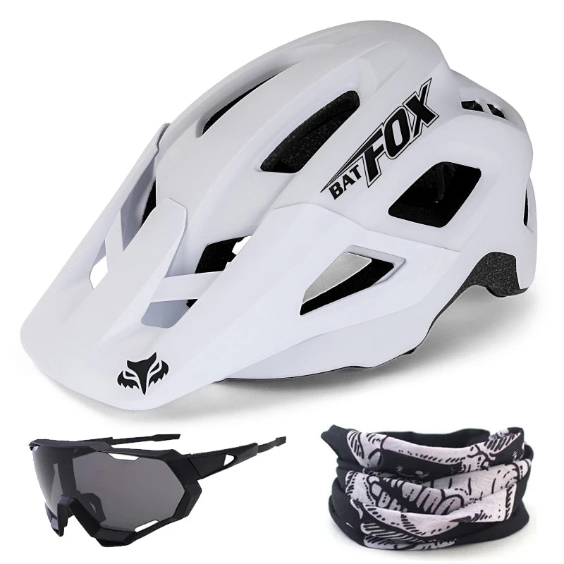 White helmet with black accents, sunglasses, and neck gaiter on a white background