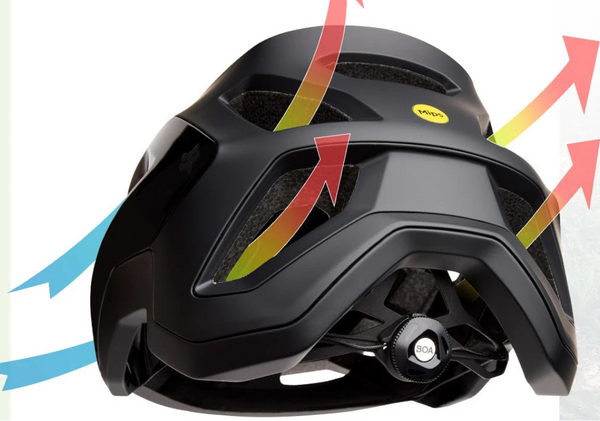 Black helmet with ventilation system highlighted, featuring Fox Racing logo.