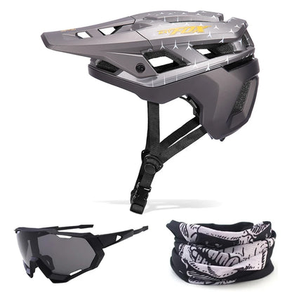 Helmet, sunglasses, and neck gaiter set on a white background