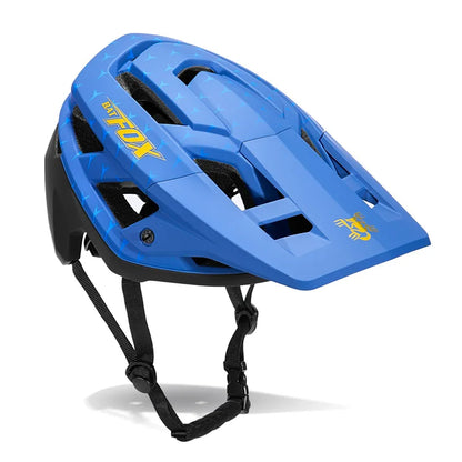 Blue helmet with black straps on a white background