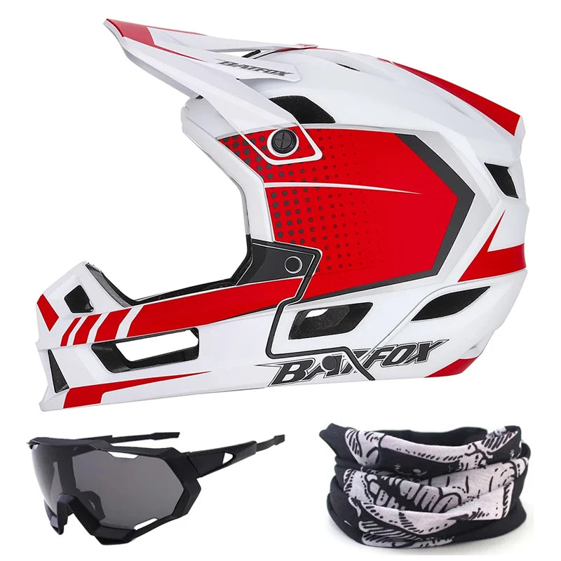 Red and white helmet with Baxfox branding, accompanied by sunglasses and a neck gaiter on a white background.