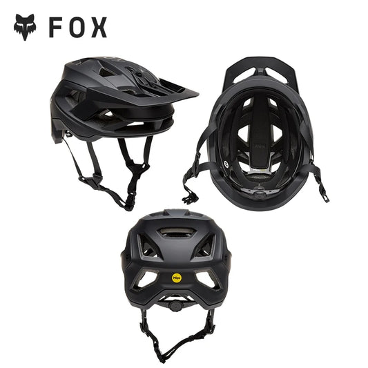 Black helmet with Fox logo on a white background