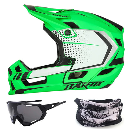 Green motocross helmet with sunglasses and neck gaiter on a white background