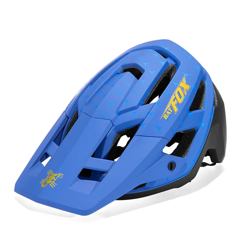 Blue helmet with Batfox branding on a white background
