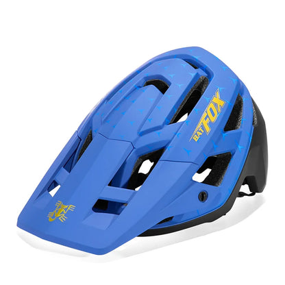 Blue helmet with Batfox branding on a white background