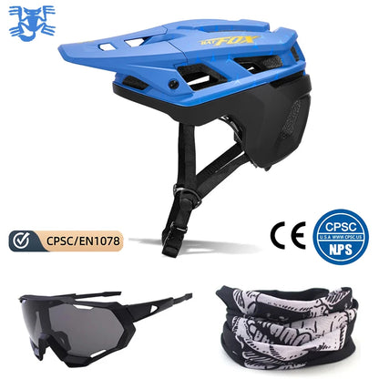 Blue helmet with black straps, sunglasses, and neck gaiter on a white background