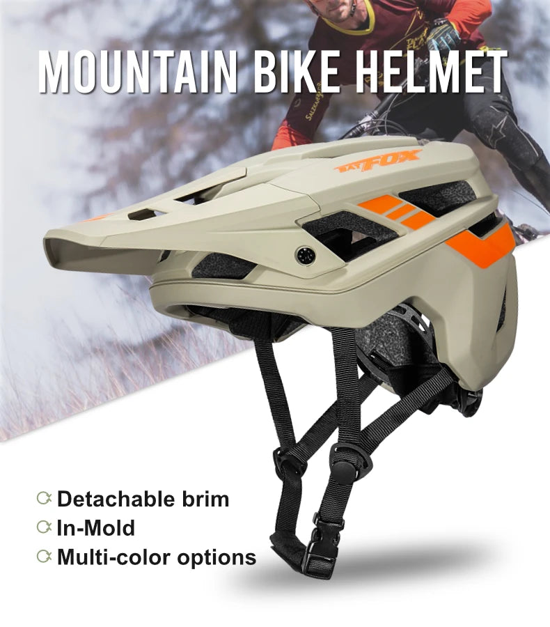 Mountain bike helmet with detachable brim and in-mold construction, featuring a person riding a bike in the background.
