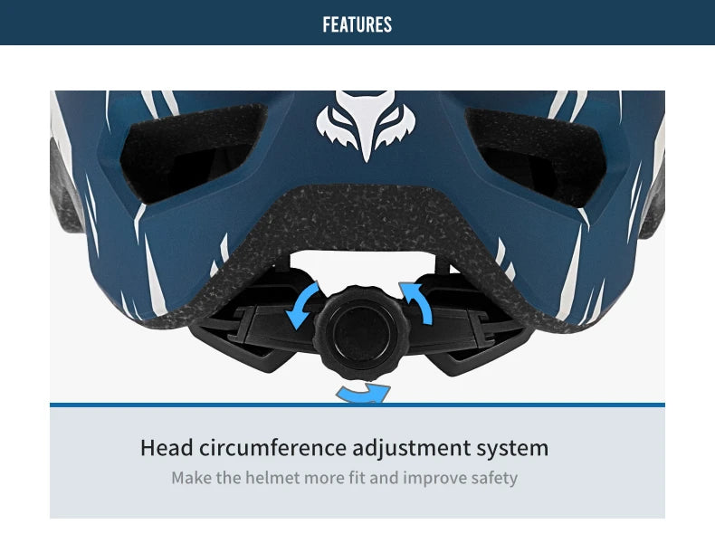 Close-up of a blue helmet with head circumference adjustment system feature.