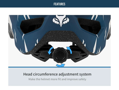 Close-up of a blue helmet with head circumference adjustment system feature.