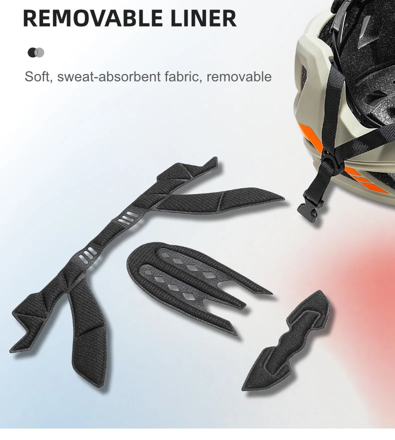 Black removable liner components for a helmet on a light blue background