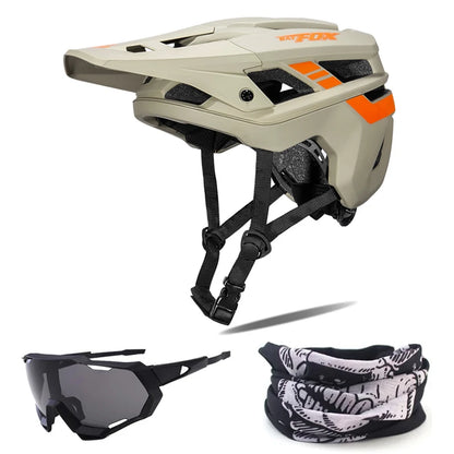 Beige helmet with black and orange accents, sunglasses, and a black and white patterned neck gaiter on a white background.