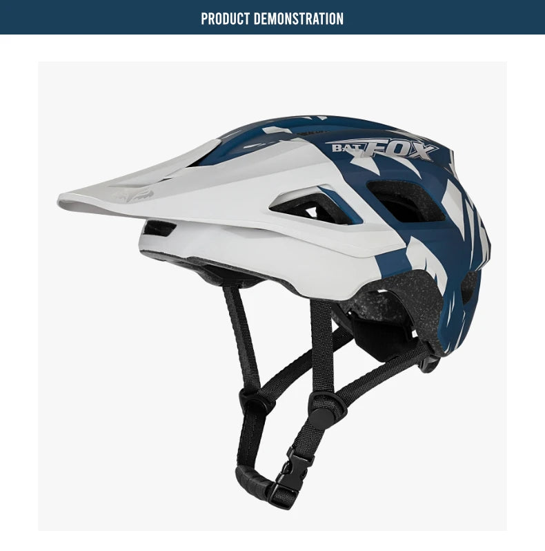 Blue and white helmet with 'Batfox' branding on a white background