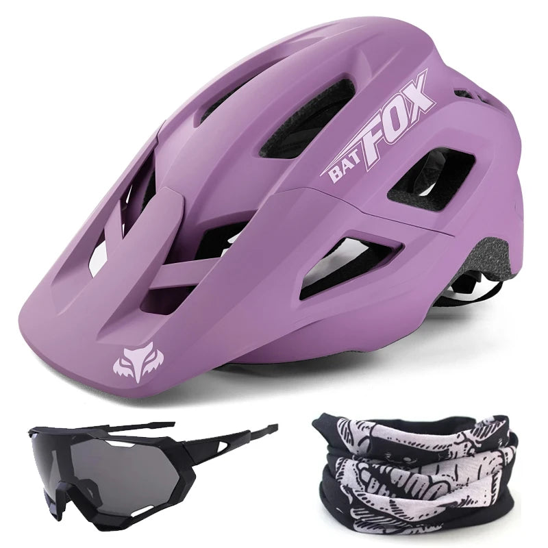 Purple helmet with 'Bat Fox' branding, sunglasses, and neck gaiter on a white background