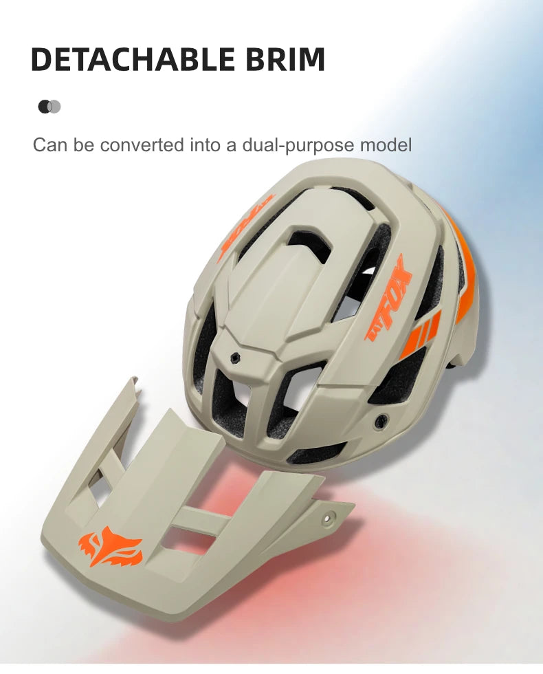 Helmet with detachable brim and Fox Racing logo on a gradient background