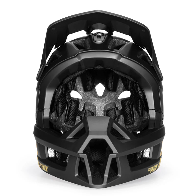 Black MTB helmet with a detailed interior design on a white background