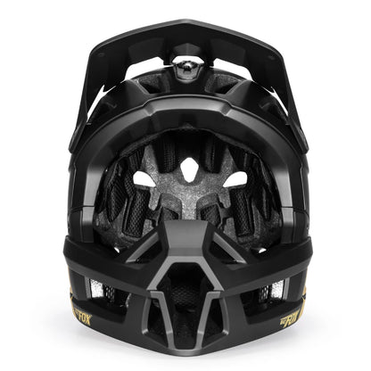 Black MTB helmet with a detailed interior design on a white background